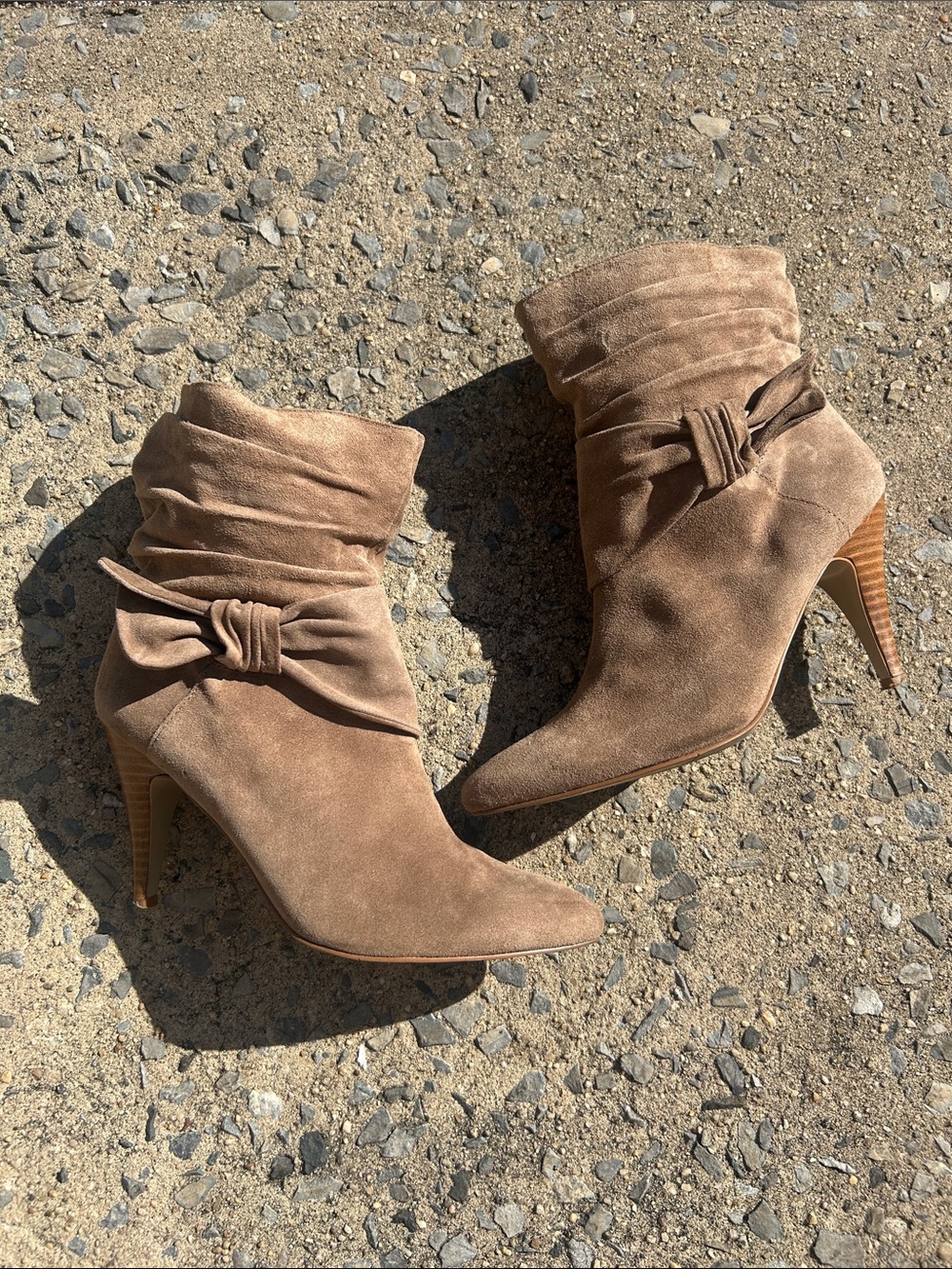 Nine West Taupe Suede Slouch Ankle Boots with Bow Accent